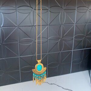 Egyptian Revival Brass Turquoise Dange Pendant Necklace